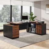 Executive L-Shaped Desk with Storage Cabinet, 78-Inch Large Home Office Desks with Power Outlet and Lateral File Cabinet