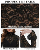 Women's Long Sleeve Lace Mesh Tops High Neck Sheer Blouse Sexy Floral Going Out Top Black