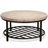 BOWERY HILL Contemporary Round Stone Top Coffee Table in Alabaster Travertine for Living Room, 36" D x 36" W x 18" H