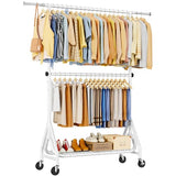 JIEJIERUI Heavy Duty Clothes Rack for Hanging Clothes, Double Rods Clothing Rack with Lockable Wheels, Rolling Garment Racks, White