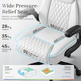 GTPOFFICE Executive Office Chair with Comfortable Lumbar Support, Ergonomic Gaming Chair with Flip-up Armrests & Zoned Pressure-Relief Cushion, Comfy PU Leather Desk Chair, White