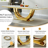 94.5" Large Marble Dining Table Set for 10, Luxury White Gold Kitchen Table with 10 Beige Velvet Dining Chairs