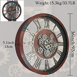 TOPPTIK 36 Inch Moving Gear Wall Clock, Oversized Wall Clocks, Clock Living Room Decor, Solid Wood Frame, Battery Operated, Large Wall Clock with Industrial for Fireplace(Black Walnut)