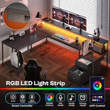 66" L Shaped Gaming Desk with LED Lights & Power Outlets, Computer Desk, Black
