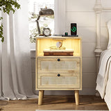 AOGLLATI Rattan Nightstand with Charging Station, LED Night Stand for Bedroom, Wood End Table with USB Ports, Boho Bedside Table with 2 Drawers, Natural