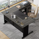 Large Computer Desk with File Cabinet, 63 Inch Executive Desk L Shaped Office Desk with Drawers and Storage Shelves