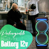 Dolphin SP-5200RBT Dual 12” Rechargeable Party Speaker with LED Lights, WaveSync (TWS), 100W RMS, Bluetooth, USB, FM, AUX, 6-Band EQ, Mic in, 2 Wireless Mics, Mic Priority, Trolley Design