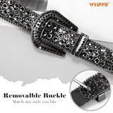 WHIPPY Women Western Rhinestones Belts Men Studded Belt for Jeans Bling Cowgirl Cowboy Waist Belt with Removable Buckle, Black Sequin, S
