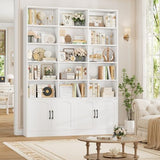 Triple Wide Bookshelf, 7-Tier Tall Bookcase with 15-Cube Open Bookshelf & 4 Doors, Large Bookshelf with Storage Cabinet