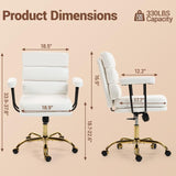 Leather Office Chair with Wheels,Ergonomic Swivel Rolling Task Chair,Padded Seat and Armrests,Adjustable Height Home Desk Chair,Executive Computer Chair, Gold Base Makeup Vanity Chair,White