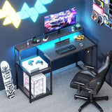 AODK Computer Desk, 48 Inch Gaming Desk with Led Lights & Power Outlet, Office Desk with Storage Shelves, Carbon Fiber Black