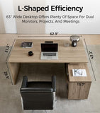 63" Executive Desk, Modern Office Desk with Storage Drawers & Power Outlets, Reversible L-Shaped Computer Desk