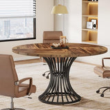 Round Conference Table for 4-6, 47-Inch Conference Room Table with Thickened Tabletop and Metal Base, Rustic Brown