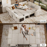 Vipbear 111" Modular Sectional Sleeper Sofa with Pull Out Bed, 8 Seat Chenille U Shaped Couch with USB Ports|Cup Holders|Side Table