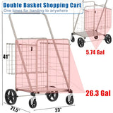 Foldable Double Basket Trolley with 360° Swivel Wheels, Dense Metal Mesh Bottom Utility Carts for Condo/Laundry