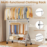 JIEJIERUI Double Rods Clothing Rack, Heavy Duty Clothes Rack for Hanging Clothes Load 560LBS, Metal Rolling Garment Racks with Wheels, Silver