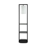 74 Inch Floor Lamp with 2 Shelves, Round Lampshade, Iron, Black and White Benzara