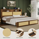 Belffin Queen Size Rattan Bed Frame with 2 Storage Drawers, Wood Bed, Brown