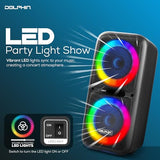 Dolphin Dual 12" Bluetooth Party Speaker - Portable Large Speaker with Wired Microphone, Multicolor LED Lights, USB Playback, Hi-Fi Amplifier, Powerful Bass, 5-Band Equalizer, Long-Lasting Battery