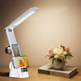 IHAO 6in1 Multifunctional Foldable LED Table Lamp with Wireless Charger Digital Alarm Clock Eye-Care Lighting 3 Color Modes 15W Qi Charger for Phone/Headphones, iWatch Charger Compatible-N61 White