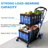Collapsible Shopping Cart with Wheels, 2 Storage Crates & 1 Storage Bag, 200 lbs Capacity Multi Use Functional Grocery Cart