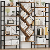 INNOD 70x70 Triple 5 Tier Book Shelf, Large Wooden Bookcase with 17 Open Display Shelf, Rustic Brown