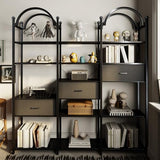 Triple Wide 6 Tier Bookshelf, Black Arched Bookcase with 16 Open Display Shelves and 3 Fabric Storage Drawers,