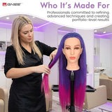 WIGNEE Professional Cosmetology Mannequin Head with Unique Realistic Face–Heat Resistant Synthetic Hair for Cutting&Styling Practice, Makeup-Friendly Training Head with Low Shedding 28 Inch