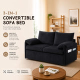 Cozelegti 65" 3-in-1 Convertible Sofa Bed, Pull Out Couch Loveseat Sleeper with Removable Back Pillows, Side Pockets & 2 Pillows for Small Spaces, Living Room, Bedroom – Corduroy, Black