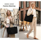 Suede Tote Bag for Women with Leather Purse Large Capacity Work Travel Handbags Ladies Shoulder Bags (Black)