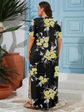 AusLook Plus Size Maxi Dresses for Women Summer Casual Long Dress Short Sleeve Crew Neck Flowy Split Beach Black Golden Floral 2X Sundress Vacation T Shirt Dress with Pockets