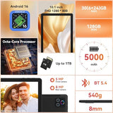 Tablet,10.1" Android Tablet with Octa-core Processor 30GB RAM 128GB ROM HD IPS Touchscreen 8H Battery