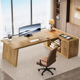 78" L Shaped Desk with Drawers, Large Executive Office Desk with File Cabinet and Shelves, Brown