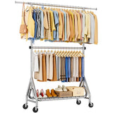 JIEJIERUI Heavy Duty Clothes Rack for Hanging Clothes, Double Rods Clothing Rack with Lockable Wheels, Rolling Garment Racks, Silver