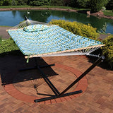 Sunnydaze Rope Hammock with Stand for Outside- 275-Pound Capacity - Includes 12-Foot Hammock Stand, Spreader Bar, Pad, and Pillow - Blue and Green Chevron