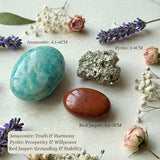 Atminafays Abundance Healing Crystal Set for Success & Good Luck -Large Amazonite,Raw Pyrite, Red Jasper for Yuga & Meditation, Travel Protection, Gift Set with Guidebook & Velvet Pouch