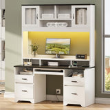 Bestier 77.8" H Computer Desk with Hutch, Charging Station, LED Light,White
