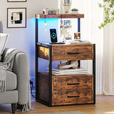 Nightstand with Charging Station and LED Lights, LED Night Stand with 2 USB Ports and 2 AC Outlets, Modern End Table with 3 Drawers, Bedside Table with Open Storage for Bedroom, Rustic Brown
