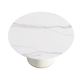 Montary 53” Modern Round Dining Table for 4-6 People, Minimalist Artificial Marble Kitchens Table with Beige Plywood PU Base, Snow Mountain White Sintered Stone Top Dining Room Table