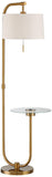 Possini Euro Design Volta Mid Century Modern Arched Floor Lamp with USB Charging Port Glass Tray Table 66" Tall Antique Brass Gold Metal White Linen Drum Shade Living Room Reading House Bedroom