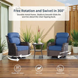 AOGROD Outdoor Wicker Swivel Rocker Chair with 6-Inch Thick Cushions, High Back Patio Glider Chair, 360° Swivel & Rocking Motion for Porch, Deck, Balcony, Poolside, Brown/Blue