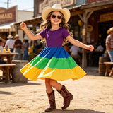 Girls Dresses Rainbow Summer Skater Dress Toddler Kids Color Block Tiered Twirly School Sundress Size 5t Purple 4-5 Years