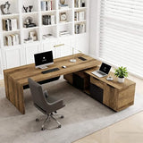 L-Shaped Executive Desk, Retractable Office Desk with Drawers, Large Wood Computer Desks for Boss, Bussiness Owners