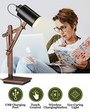 ELYONA Touch Control Desk Lamp with Wireless Charging & USB Port, Sapele Wood Reading Task Light, Adjustable, Swing Arm Table Lamp, Black