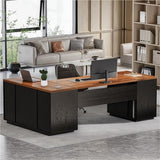 87-Inch Modern Executive Desk with File Cabinet, Large Home Office Desk with Drawers, 3-Drawer Wooden File Cabinet (Brown & Black)