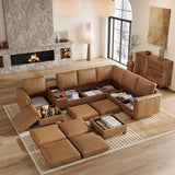 Mid Century Modern Sectional Couches for Living Room, 8 Seat V Shaped Couch with Chaise and Versatile Console