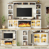 OneBlis 98" Farmhouse TV Stand with 36" Electric Fireplace, Bookshelves