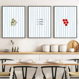 3Pcs Coastal Kitchen Wall Art Blue Striped Sardines Olives Tomatoes Wall Decor Pictures Summer Mediterranean Food Posters Prints for Dining Room Beach House Decoration Unframed 16x24in