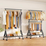 JIEJIERUI Heavy Duty Clothes Rack for Hanging Clothes, Double Rods Clothing Rack with Lockable Wheels, Rolling Garment Racks, Black