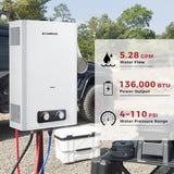CAMPLUX Tankless Water Heater, 5.28 GPM Propane Water Heater Camping, Outdoor for Cabin, Off-grid, Tiny House & Mobile Home, 136,000 BTU, BD528
